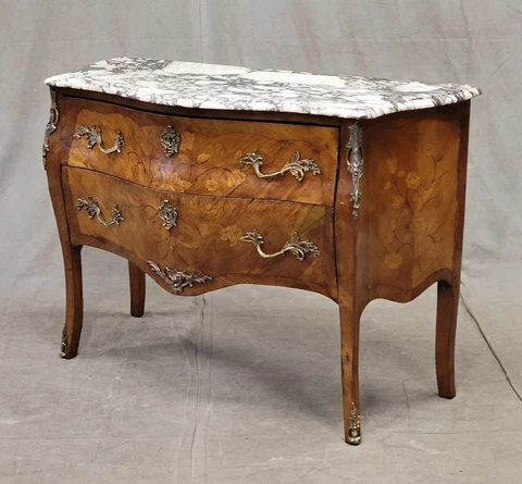 Antique French Louis XV Style Bombe Marquetry Commode Dresser With Marble Top Cover