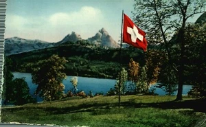 Vintage (1950s) Swiss Flag near Mythen, Zurich, Switzerland Photo Postcard - Picture 1 of 2