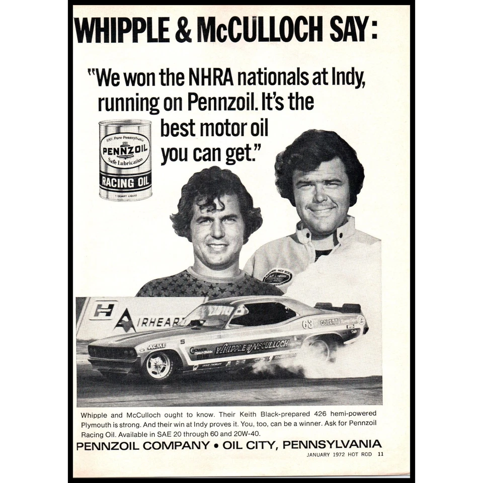 1972 Pennzoil Racing Motor Oil Vintage Print Ad Whipple McCulloch NHRA Wall Art - Imagem 1 de 1