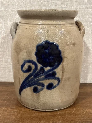 Antiguo gres floral decorado azul muy azul Albany NY de 1,5 galones 6 cuartos de galón Foto 1 de 4