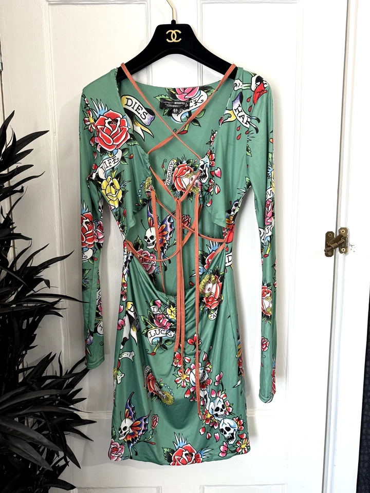 Ed Hardy x Missguided UK Size 10 Green & Orange Tattoo Open Front Bodycon Dress - image 1 of 4