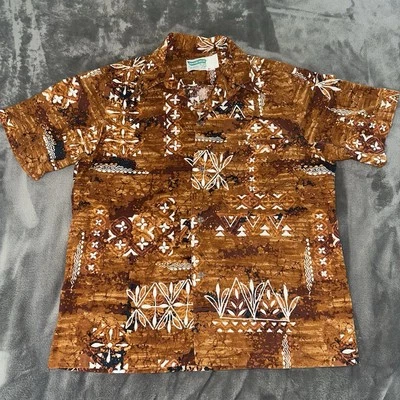 VTG 60s Waikiki Wear by Mildreds Brown Hawaiian Aloha Shirt Men's Size L - Image 1 of 4