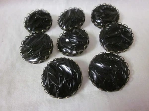 8 Black embossed swirl leaf pressed glass shank buttons - Picture 1 of 4