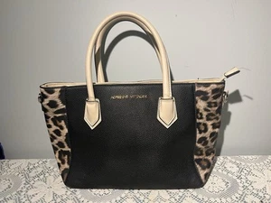Satchel/Shoulder Bag Large Designer Adrienne Vittadini Black W/ leopard Trim -F3 - Picture 1 of 4