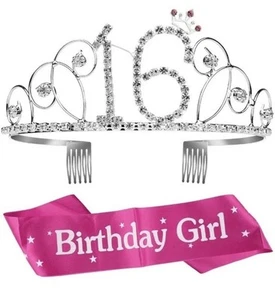 Birthday Crown 16th Birthday Crystal Tiara Crown with Birthday Girl Sash - Picture 1 of 6