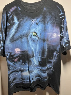 Y2K Liquid Blue Vintage 2001 Wolf All Over Print T-Shirt 2XL - Image 1 of 4