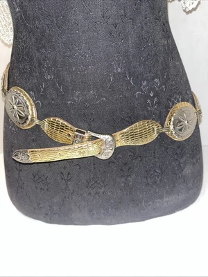 Womens Gold Faux Leather & Metallic Silver Conchos Belt Unbranded Sz M - Image 1 of 4