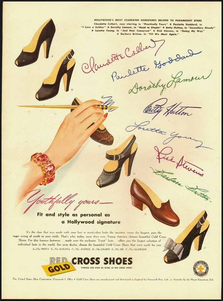Anuncio vintage de zapatos Gold Cross 1944/firmas de actrices de los años 40 (032813) Foto 1 de 1