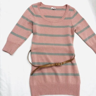 Pink Sweater w/ Gray Stripes Belted Knit Tunic Length Bongo Size L Large - Image 1 of 4