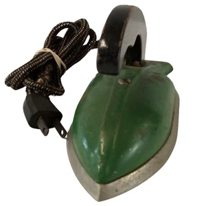 Vintage Green Electric Iron with Black Wooden Handle and Fabric Cord - Early Mid - Picture 1 of 9