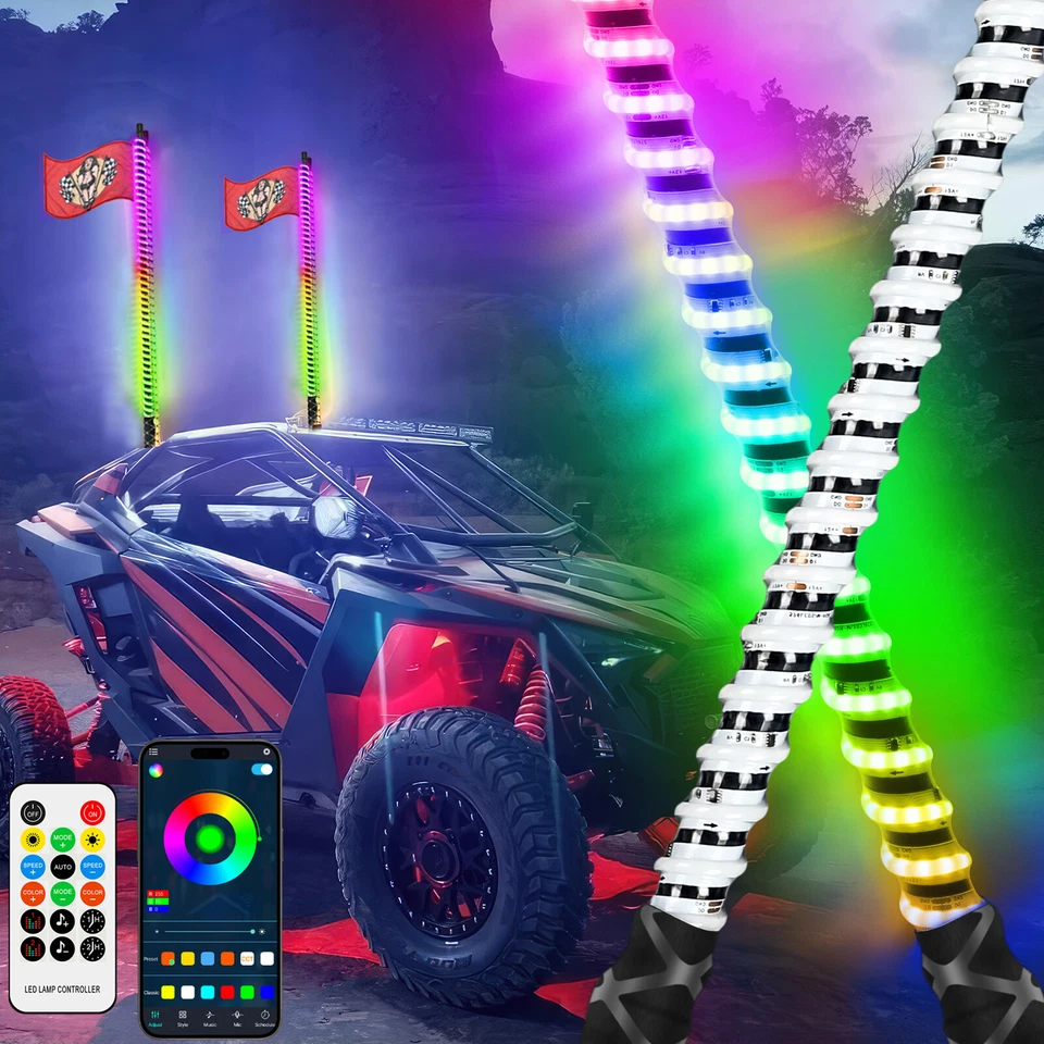 2PCS 3FT COB Spiral RGB LED Whip Light Antenna Chasing For Can-am X3 RZR UTV ATV - Image 1 of 4
