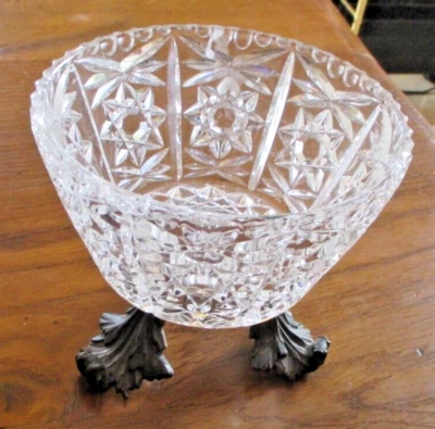 Ancienne coupe sur pied vide poche en cristal tripode métal chromé Art Nouveau - Photo 1/4