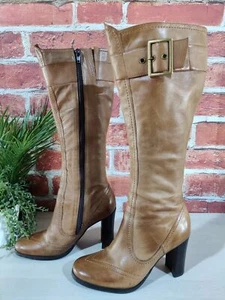 FAITH TAN BROWN BOOTS UK 4 EU 37 LEATHER WOMENS HIGH BLOCK HEEL SIDE ZIP BUCKLE - Picture 1 of 7