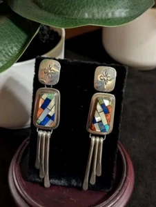 Vintage Stirling Silver & Shell Inlay Earrings Charlene Frank Reano - Picture 1 of 7