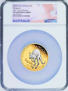 2022 Australia GILT Proof 2oz .9999 Silver Kangaroo $2 Coin NGC PF69 ER Flag LB - Picture 1 of 2