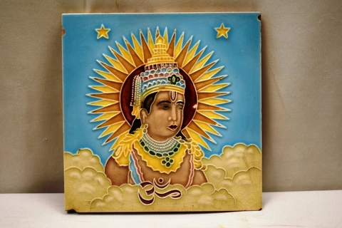 Antique Saji Japan Tile Majolica Art Nouveau Lord Krishna Vishnu Architecture"42 Cover
