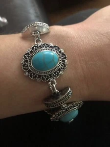 Beautiful Silver Tone Multiple Oval Shape Faux Turquoise Toglr Cuff bracelet 8” - Picture 1 of 10