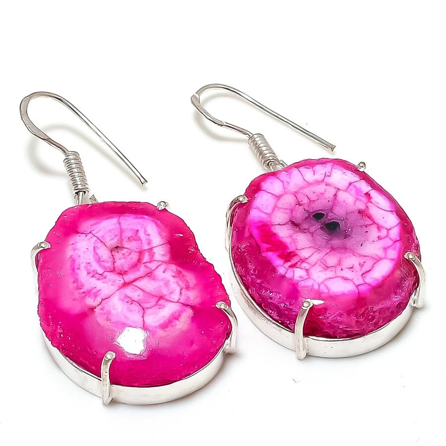 Pink Solar Quartz Druzy Gemstone Silver Plated Dangle Earrings Jewelry 2" - Image 1 of 1