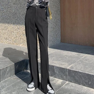 Women Long Suit Pants Straight Leg Trousers Slacks Front Slit Baggy Formal Work - Picture 1 of 12