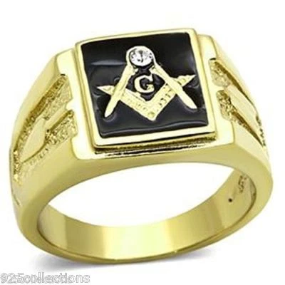 Anel masculino maçônico de aço inoxidável 316 esmalte preto cristal transparente tamanho 8-14 - Imagem 1 de 4