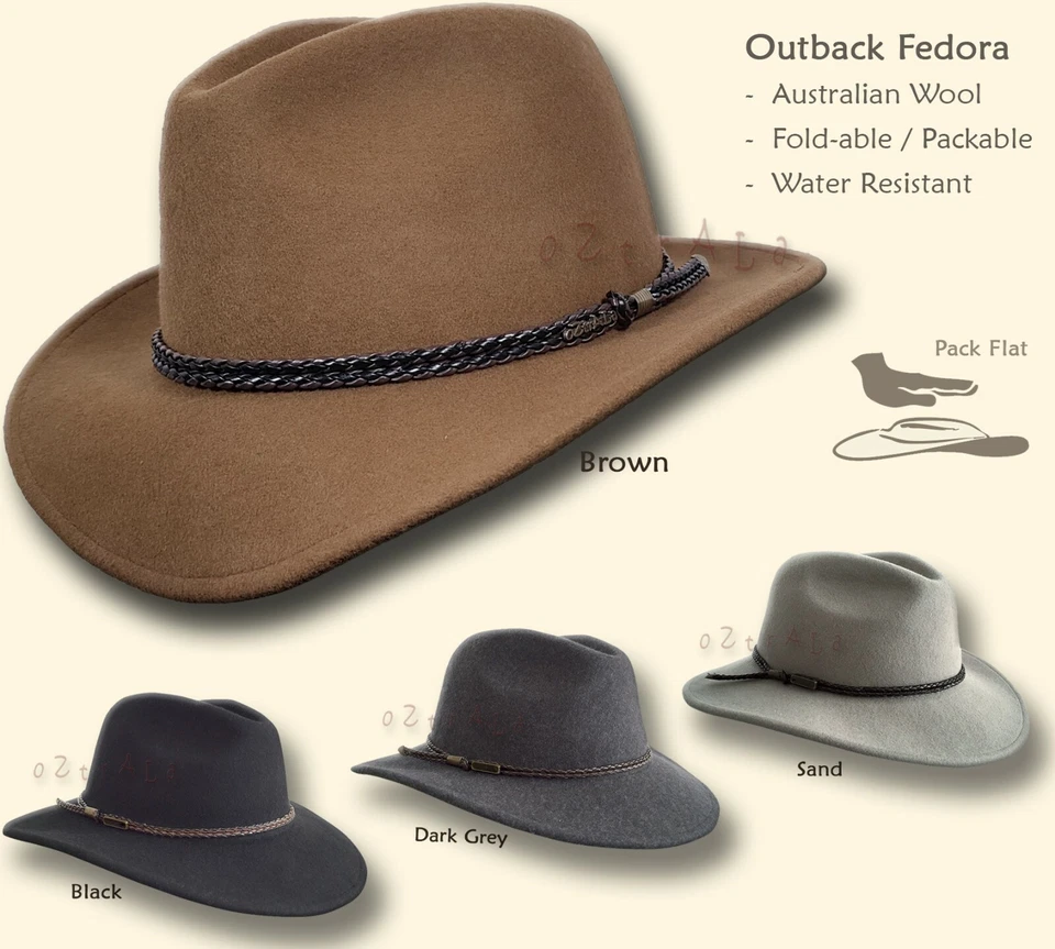 【oZtrALa】Fedora HAT Australian Wool Felt Outback Jacaru Mens Leather Band Cowboy - Image 1 of 4