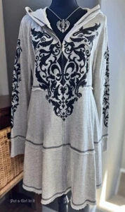 New VOCAL Womens CRYSTAL GRAY BLACK FLEUR DE LIS HOODIE CARDIGAN JACKET M L XL - Picture 1 of 5