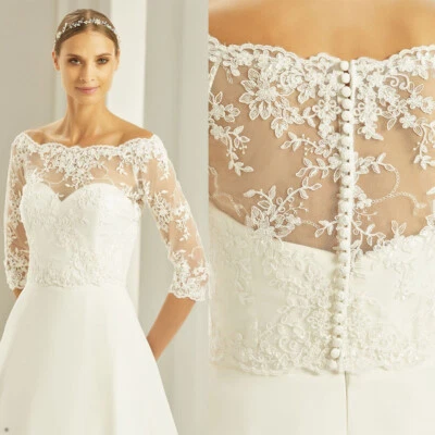 Brautkleid Topper Jacke Für Braut Spitze Langarm Weiß Ivory 36 38 40 42 44 - Bild 1 von 4