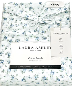 Sapphire Blue King Sheet Set CRISP Cool Cotton Percale Laura Ashley Petite Fleur - Picture 1 of 3