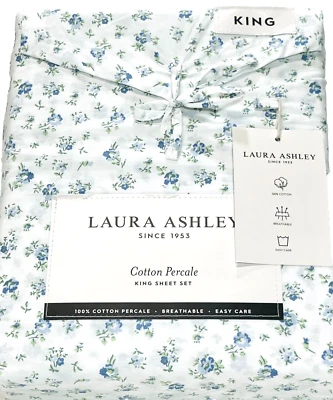 Sapphire Blue King Sheet Set CRISP Cool Cotton Percale Laura Ashley Petite Fleur - Image 1 of 3
