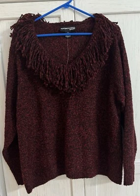 Suéter feminino Norton McNaughton acrílico/poli 2x vermelho preto novo com etiquetas franja pescoço Natal - Imagem 1 de 4