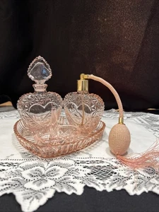 Vanity 4 PC set/ Pink Glass Heart design. Unmarked.  - Picture 1 of 17