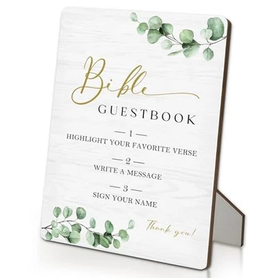 Biblia Libro de Invitados Letrero Boda Biblia Libro de Invitados Soporte de Madera 5"X7" Hojas Verdes Foto 1 de 4
