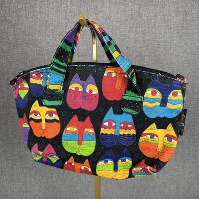 Laurel Burch 五颜六色的猫帆布手提包钱包设计师异想天开的黑色红色 — 第 1/4 张图片