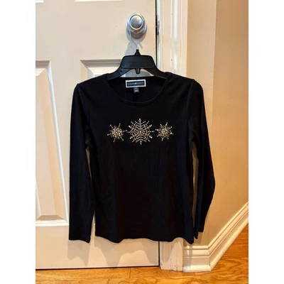 Karen Scott Black Long Sleeve Embellished Snowflake Top XS - Image 1 of 4