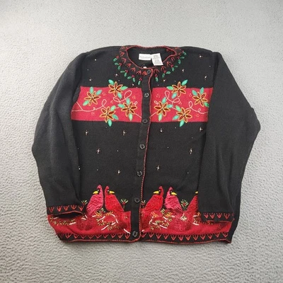 Christmas Sweater Women's 18W/20W Button Up Cardinals Holly Cardigan Black Red - Image 1 of 4