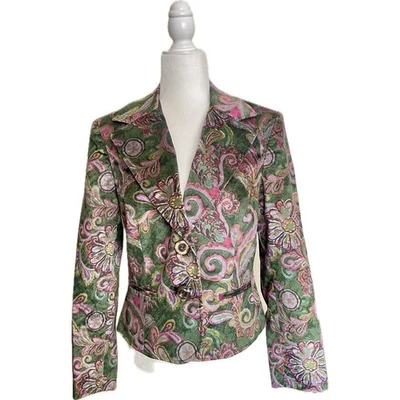 Chaqueta Blazer Nine West Y2K Floral Pana Mujer’s 10 Verde Rosa Brocado Terciopelo Foto 1 de 2