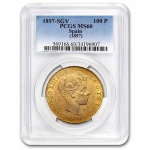 1897 Spain Gold 100 Pesetas Alfonso XIII MS-60 PCGS - Picture 1 of 3