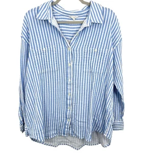 Caslon Gauzy 100% Cotton Long Sleeve Blue Striped Button Down Top Shirt Size L - Picture 1 of 6