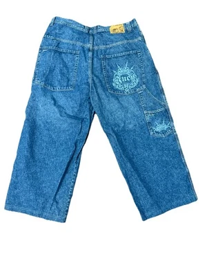 Jeans masculino vintage JNCO tamanho 38x32 azul bordado folgado coroas skatista Y2K - Imagem 1 de 4