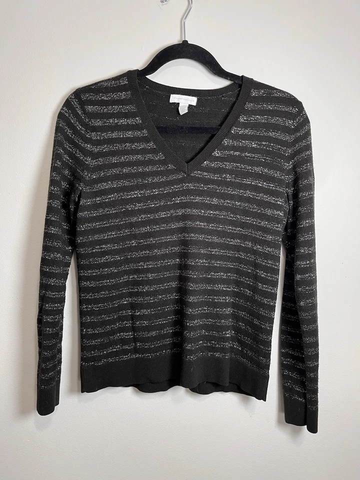 CHARTER CLUB Pullover Silver Shimmer Striped V-Neck Women’s Sweater Sz M EUC - Image 1 of 4