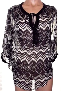 Jeans By Buffalo S, small 3/4 sleeve sheer black & ivory tunic blouse top - Picture 1 of 3