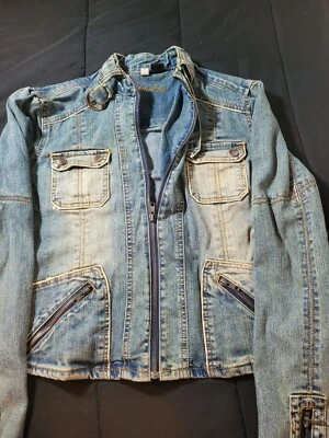 Jaqueta jeans azul Younique tamanho grande manga longa zíper completo motocicleta usada - Imagem 1 de 4
