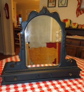 Antique ebony finish wood dresser top mirror with deep drawer