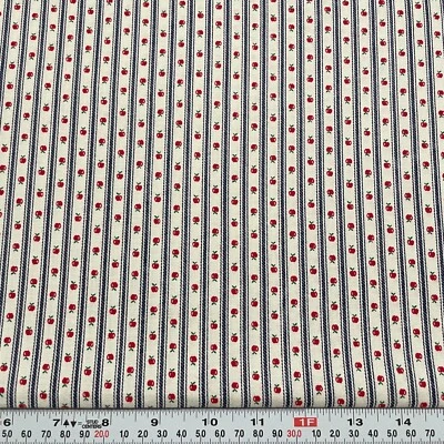Vintage Wamsutta Ticking Stripes & Apples Cotton Fabric Remnant 12" x 45" - Image 1 of 2