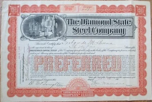 Certificado de acciones Diamond State Steel Company 1901, Wilmington DE Delaware - Imagen 1 de 1