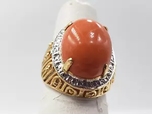 Ovaler Cabochon Ring orange Koralle in 2 Tönen 14Kt Gelbgold. Größe 6 US* - Bild 1 von 9