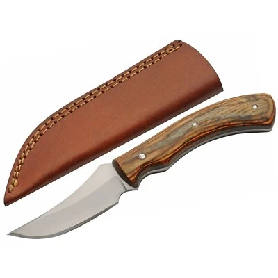 Compact Hunting Knife Stainless Clip Blade Brown Wood Handle + Leather Sheath - Image 1 of 4