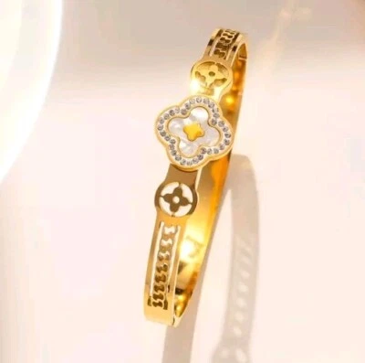 Floral Clover Bangle Bracelet Stainless Steel 18k Gold Plated — 第 1/2 张图片