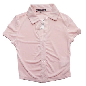 Almost Famous Size Small Baby Pink Ruched Button Front Stretchy Crop Polo Shirt - Picture 1 of 7