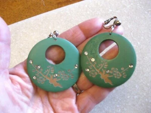 Vtg Earrings w/ Oriental Design, Set-in Rhinestones / Branch w/ Cherry Blossoms  - Picture 1 of 5